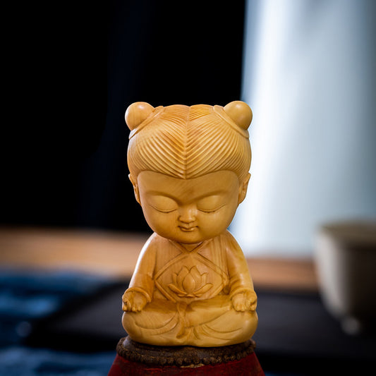 Super Cute Wooden Carved Statue of Little Buddha with Leaf Design