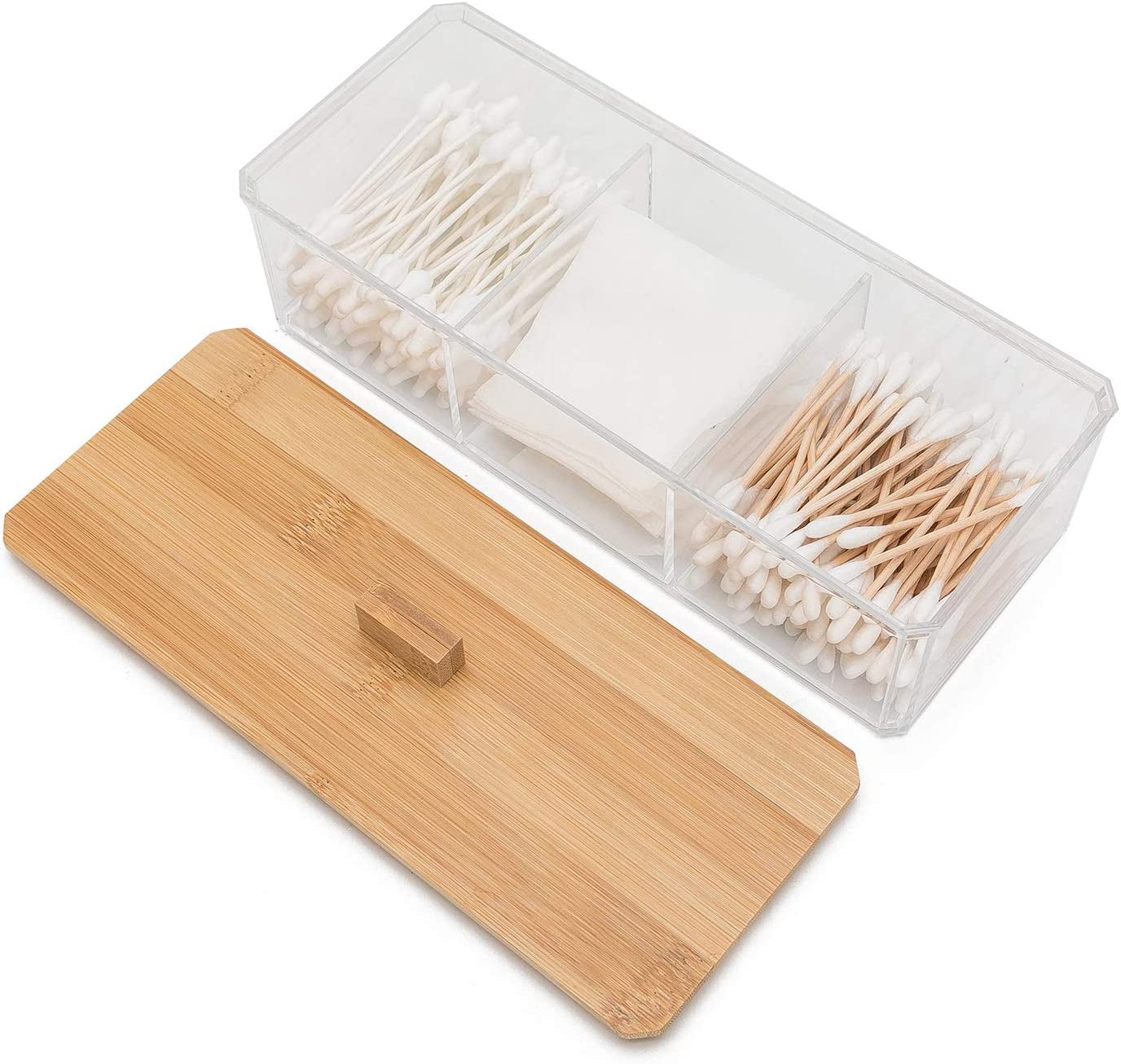 Wood Qtip Holder,Cotton Ball and Swab Holder Organizer with Lid,Jar for Cotton Rounds,Bathroom Containers,Q-Tip Dispenser,Clear Acrylic Desk Organizer for Makeup Pads,Cosmetics Bedroom